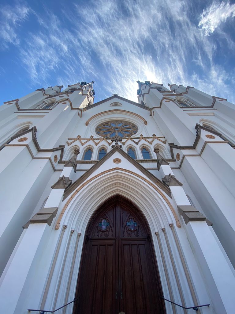 Captivating low angle shot of a Neo-Gothic church exterior in Savannah, Georgia.